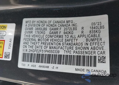 2023 Honda Civic Sport z USA, uszkodzony, nr VIN 2HGFE2F51PH550339